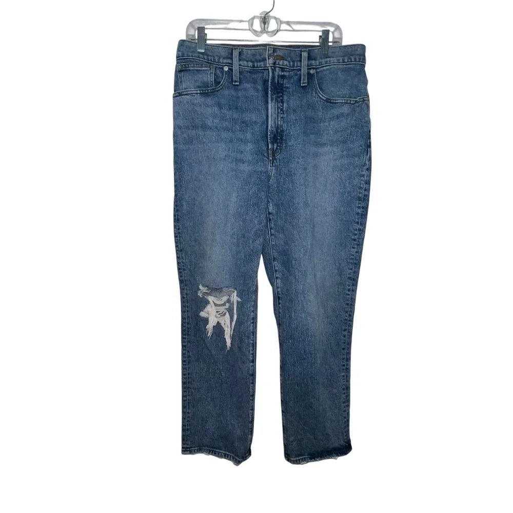 Madewell The Perfect Vintage Straight Jean in Kingsbury Wash Knee-Rip Edition 31